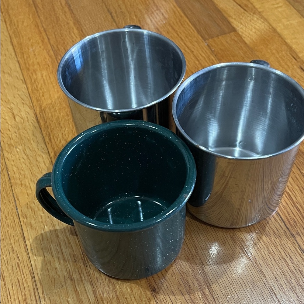 Set of Stainless Steel and Green Mugs